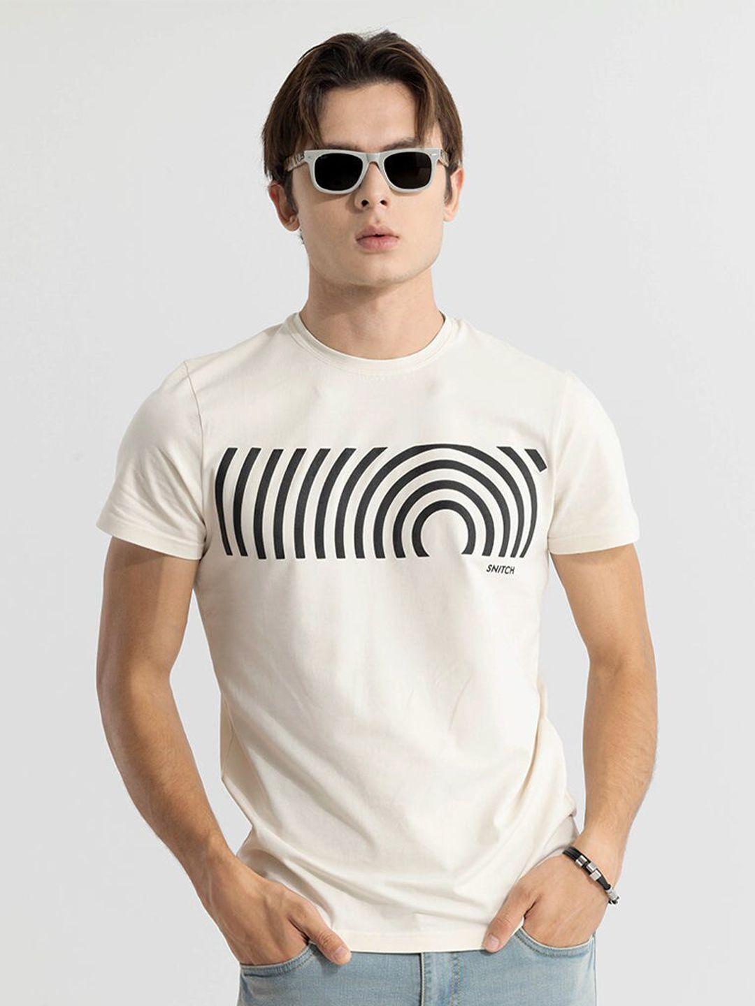 snitch cream-coloured abstract printed round neck cotton regular t-shirt