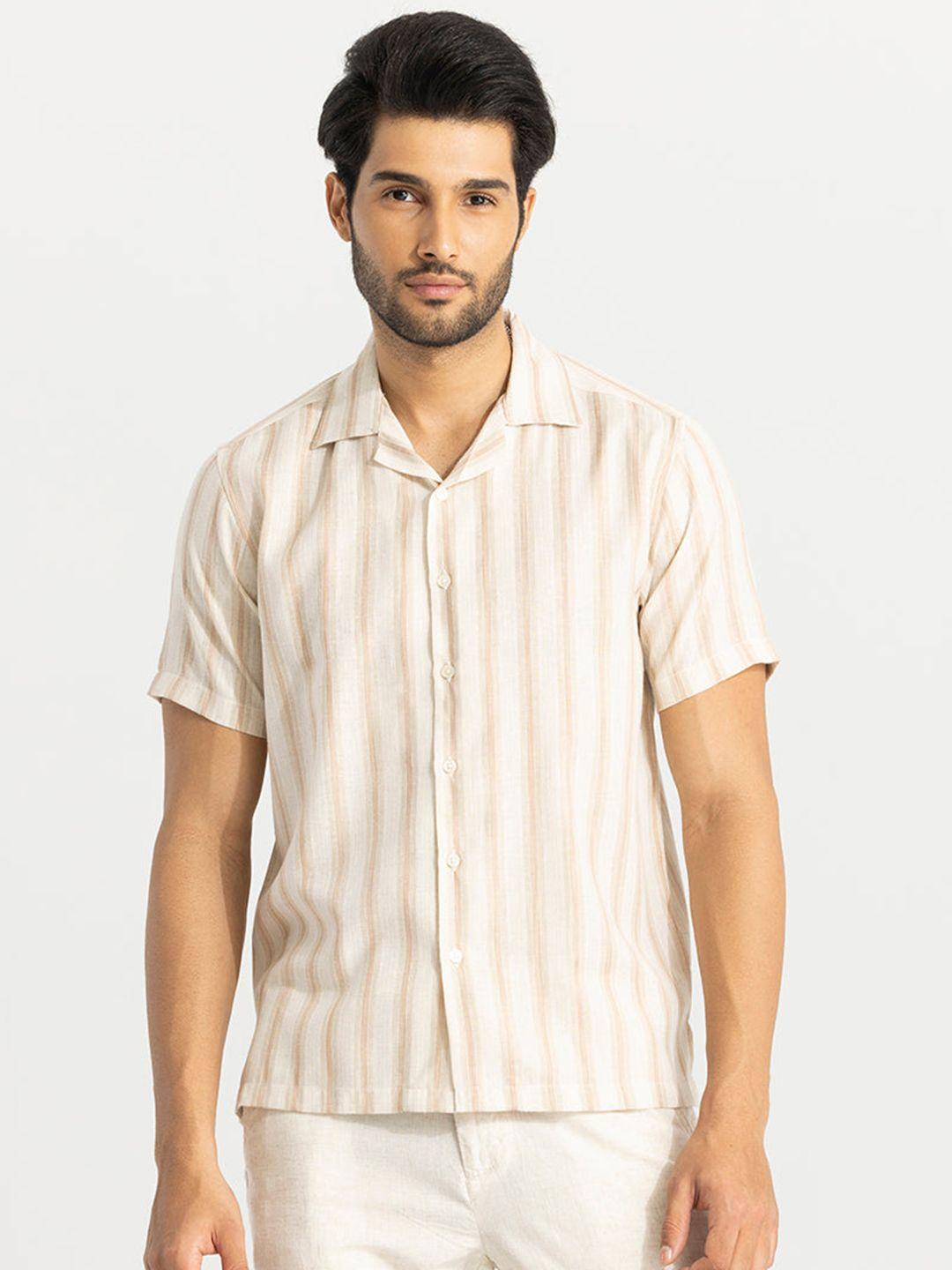 snitch cream-coloured classic boxy vertical striped cotton casual shirt