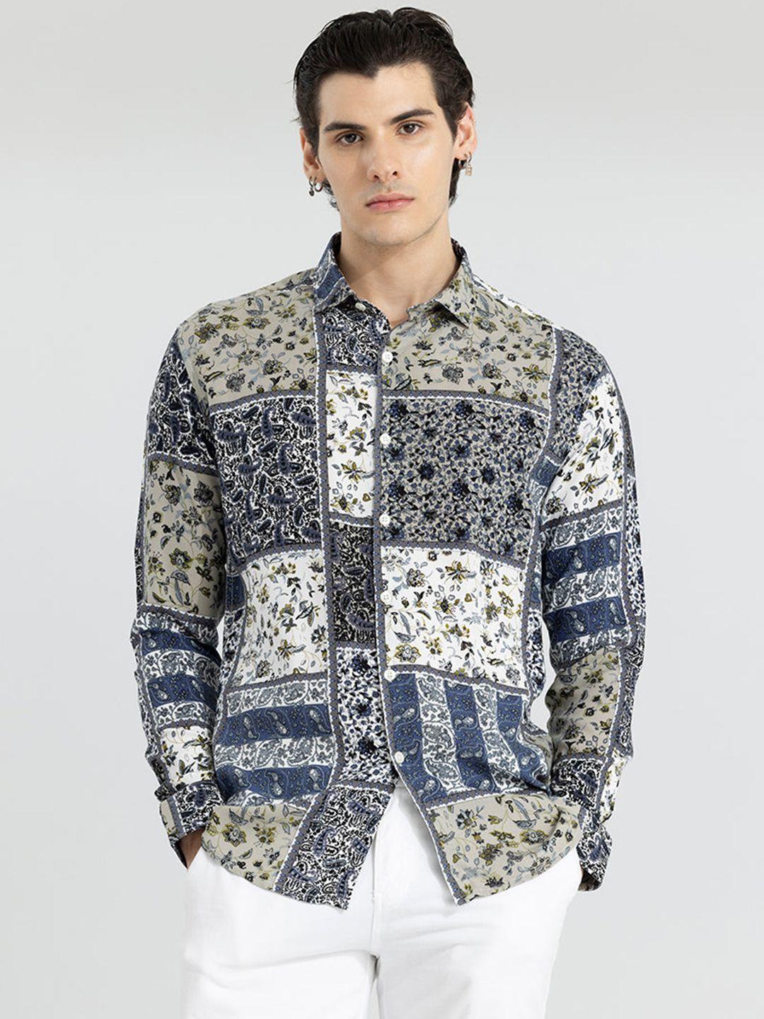 snitch cream-coloured classic slim fit ethnic motifs printed casual shirt