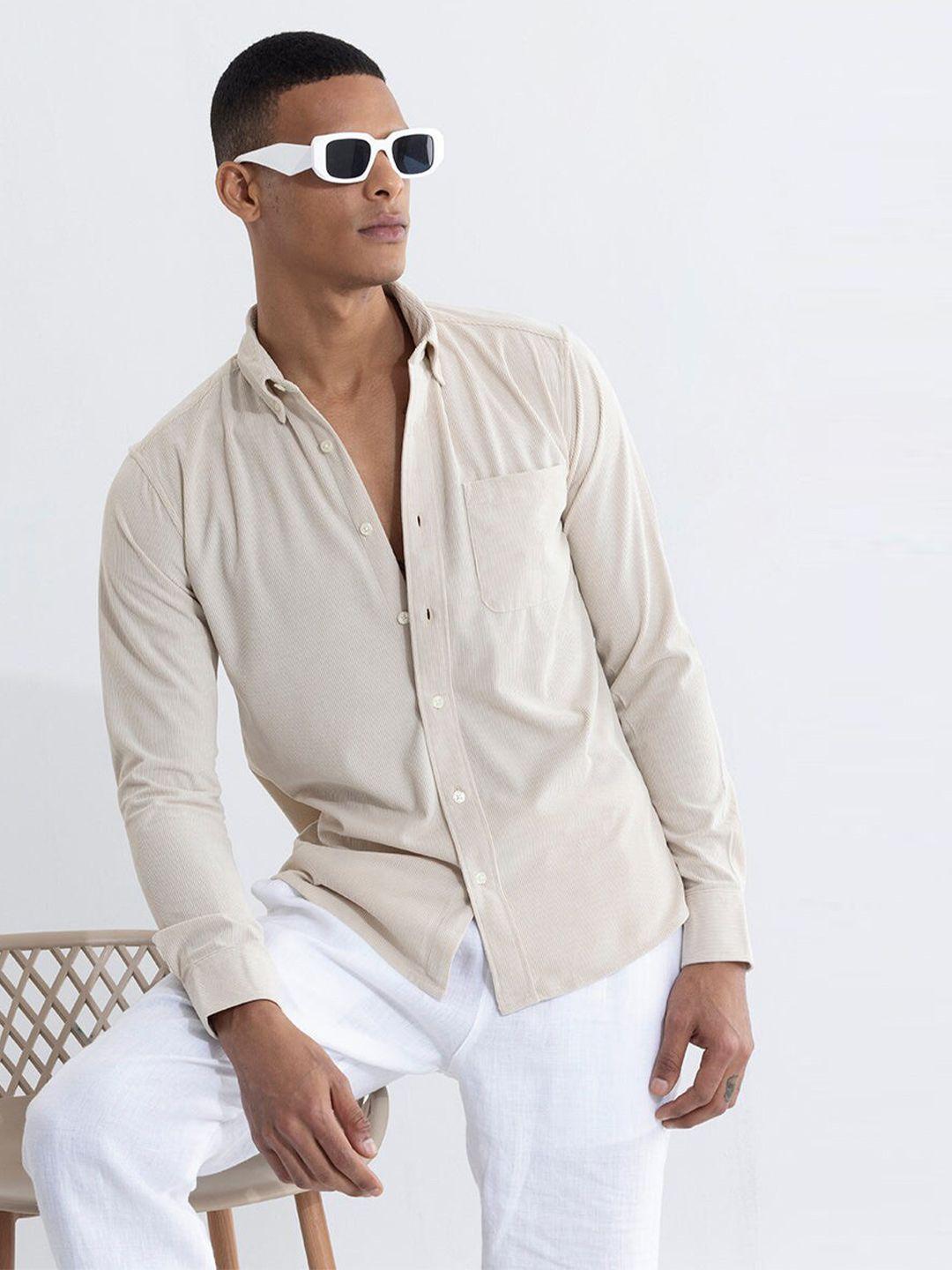 snitch cream-coloured classic slim fit verical striped casual shirt