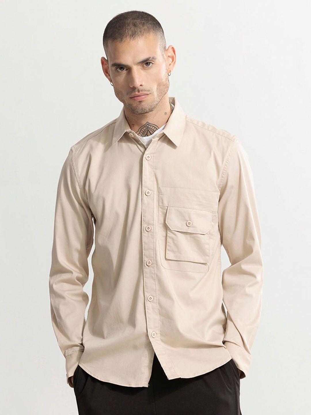 snitch cream coloured classic spread collar pure cotton casual shirt