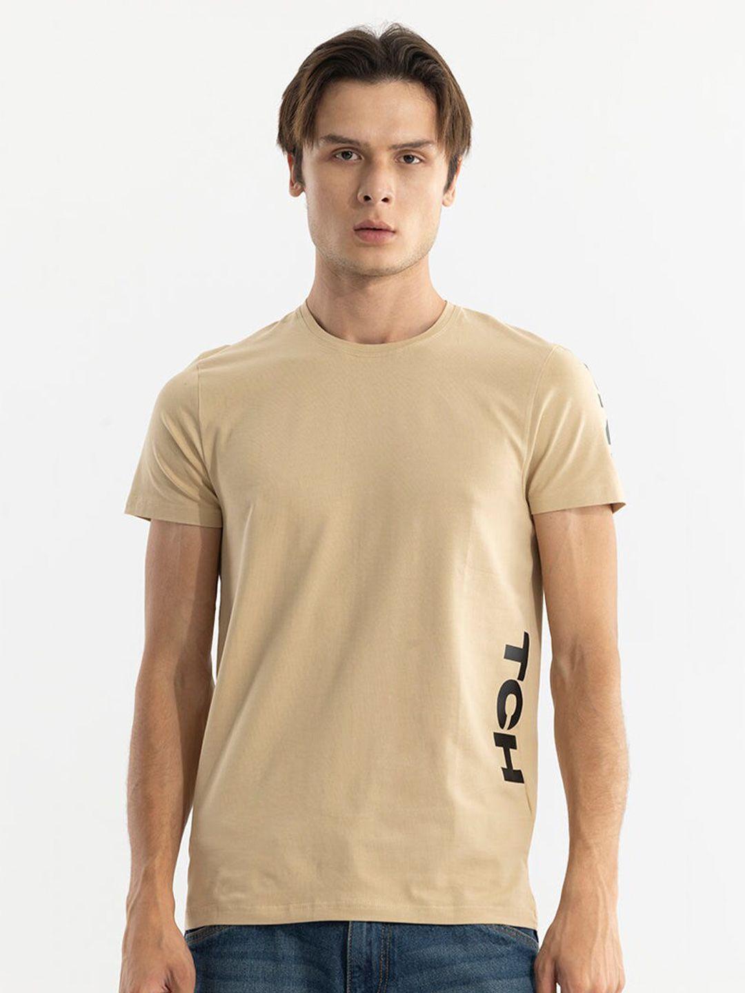 snitch cream-coloured typography placement printed round neck cotton casual t-shirt