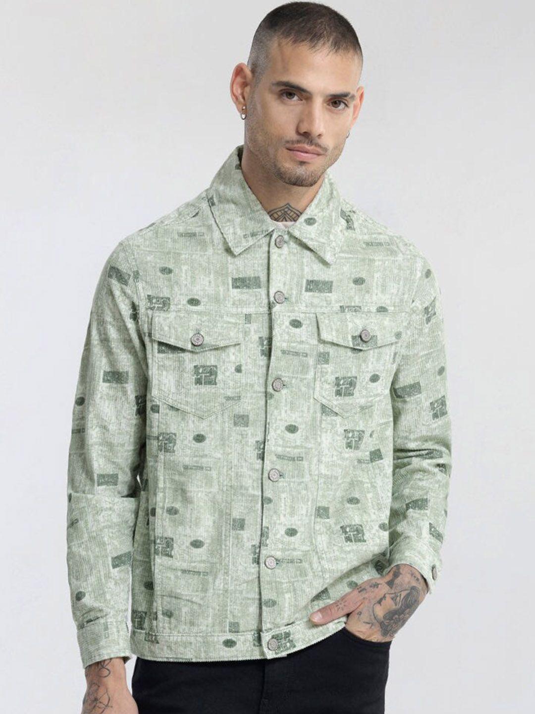 snitch green abstract printed lightweight open front jacket
