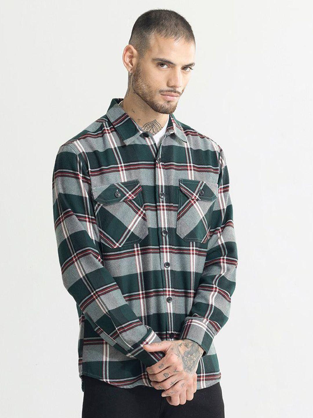 snitch green classic slim fit checked cotton shacket