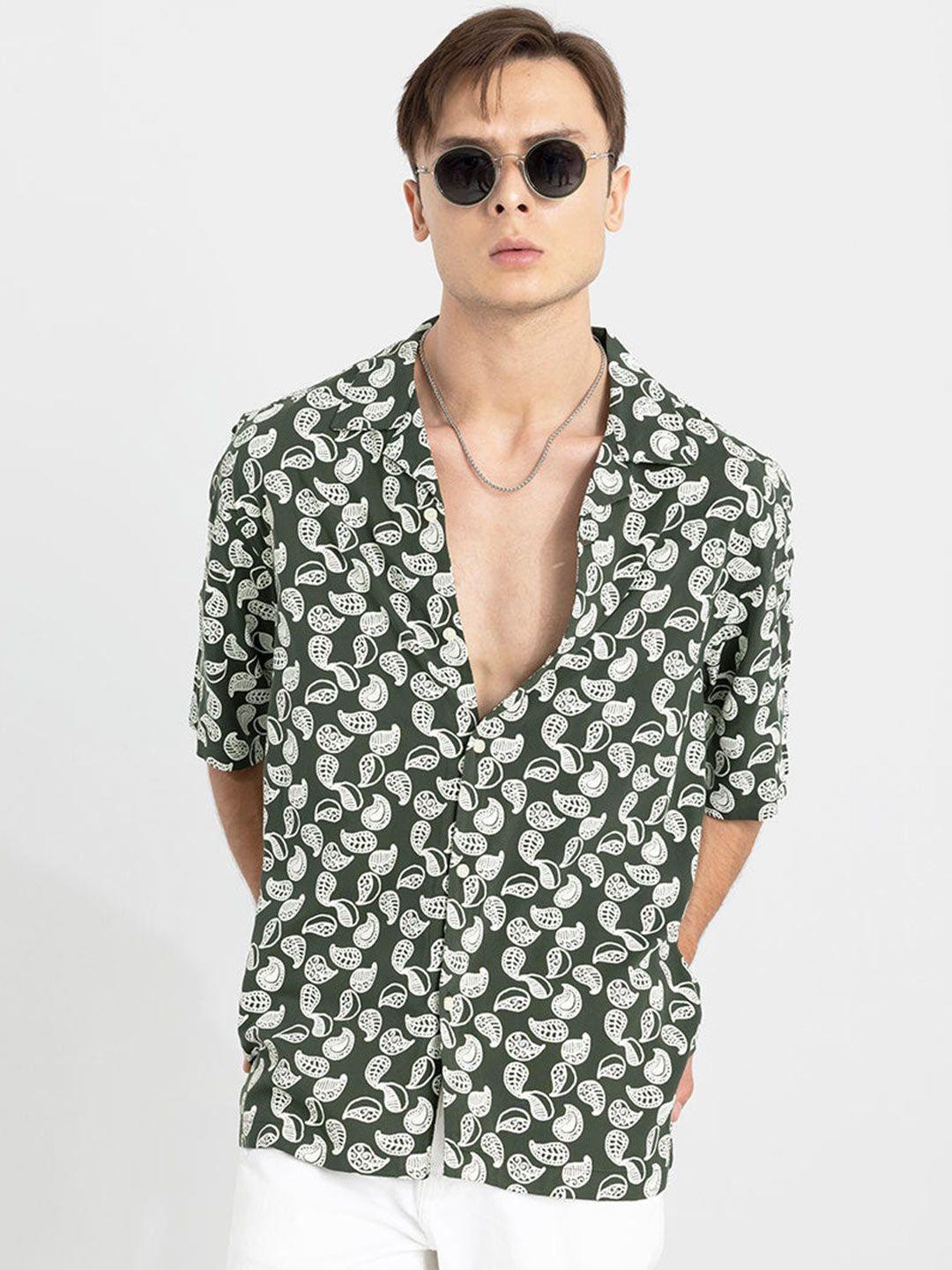 snitch green classic slim fit ethnic motifs printed casual shirt