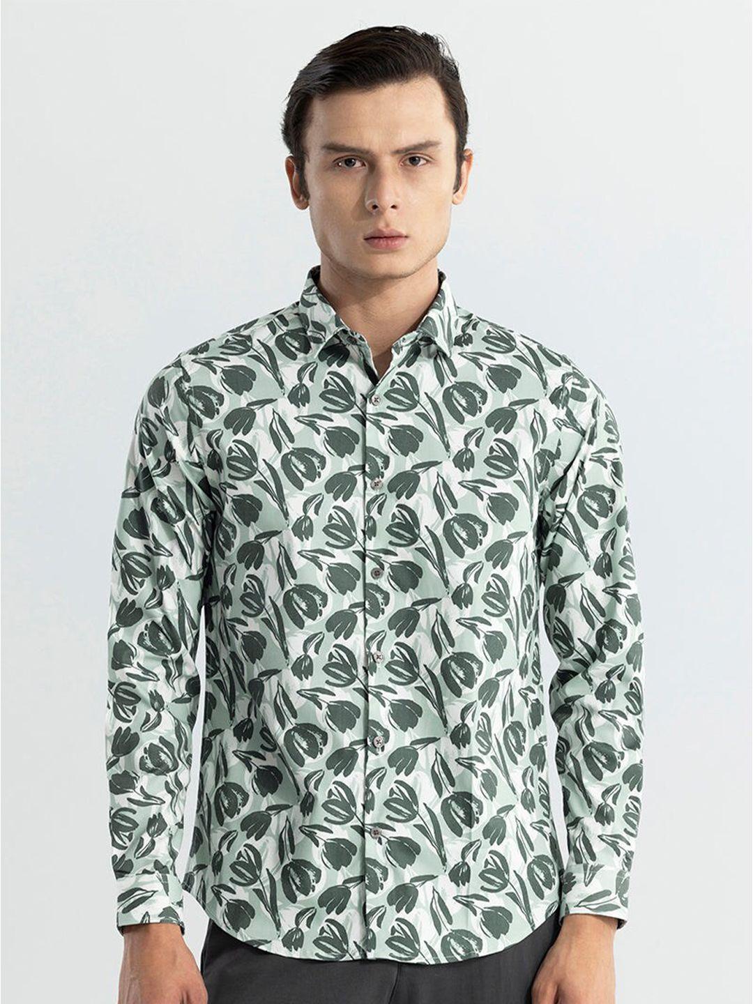 snitch green classic slim fit floral printed casual shirt