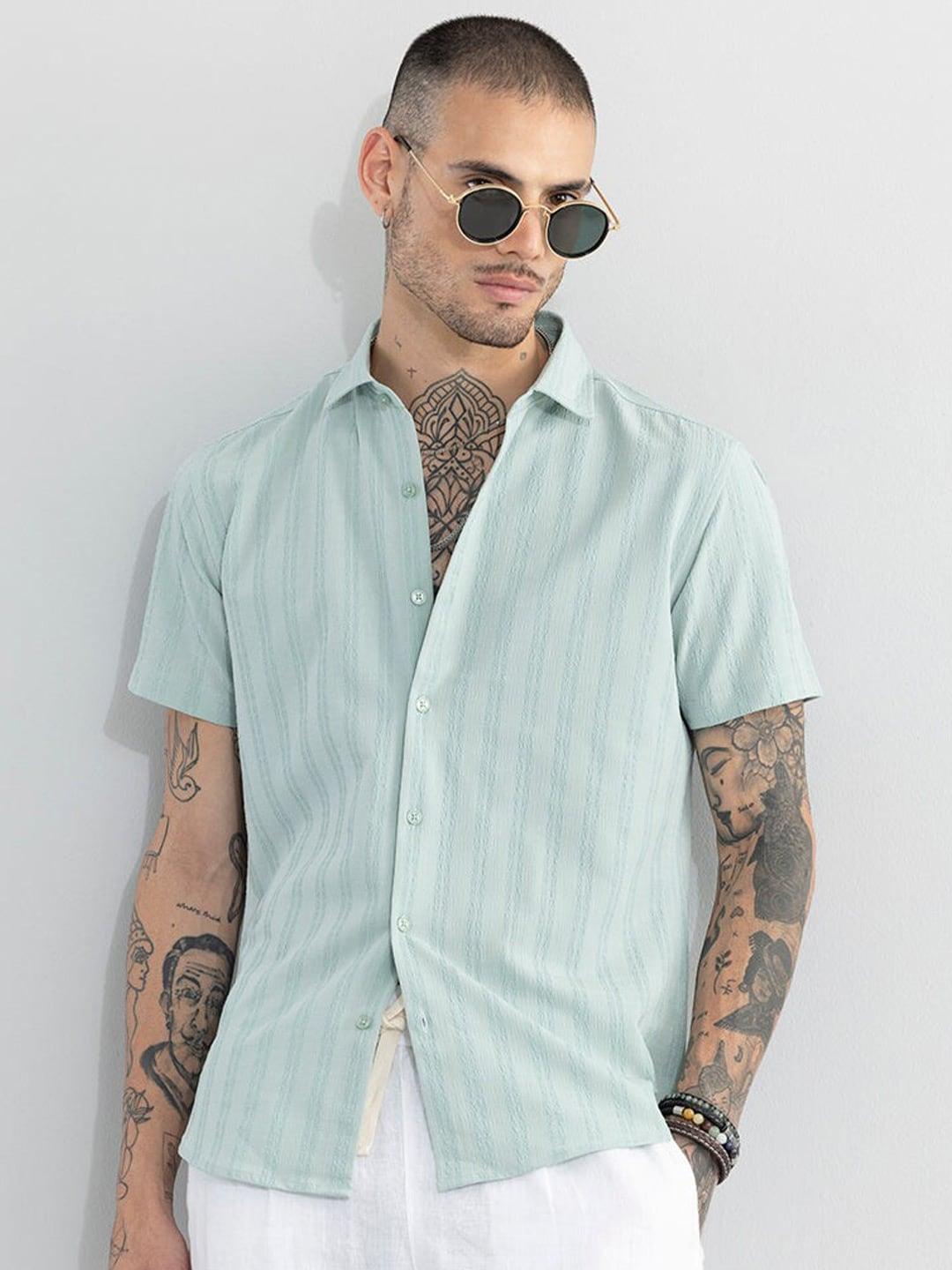 snitch green classic slim fit striped casual shirt