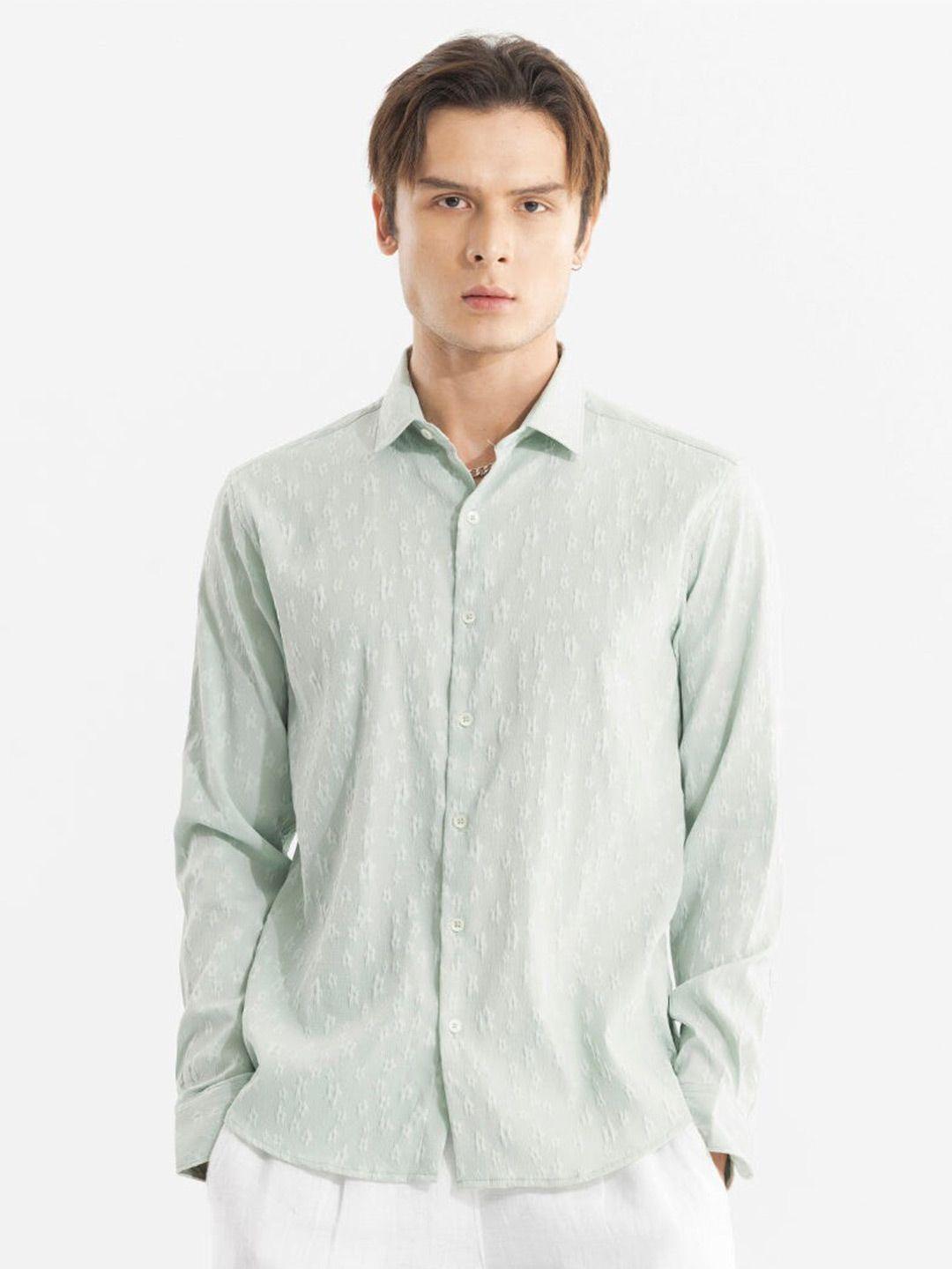 snitch green classic textured self design spread collar casual shirt