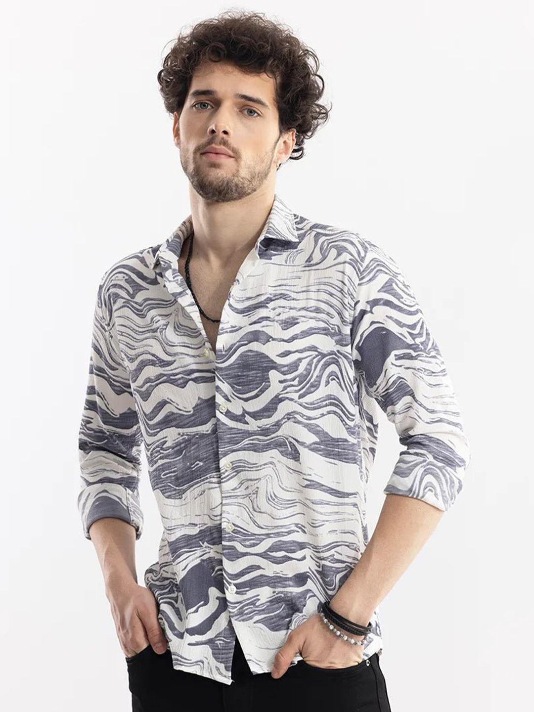 snitch grey classic slim fit abstract printed spread collar casual shirt