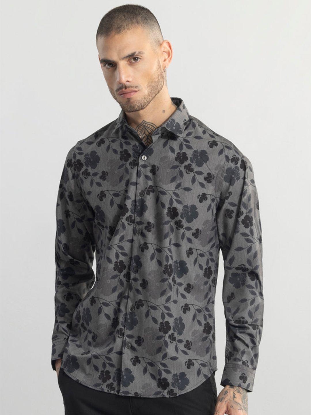 snitch grey classic slim fit floral printed cotton casual shirt