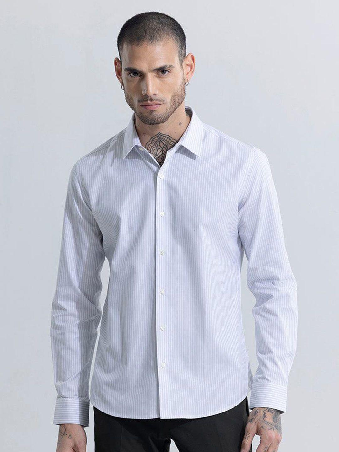 snitch grey classic slim fit vertical stripes printed casual shirt