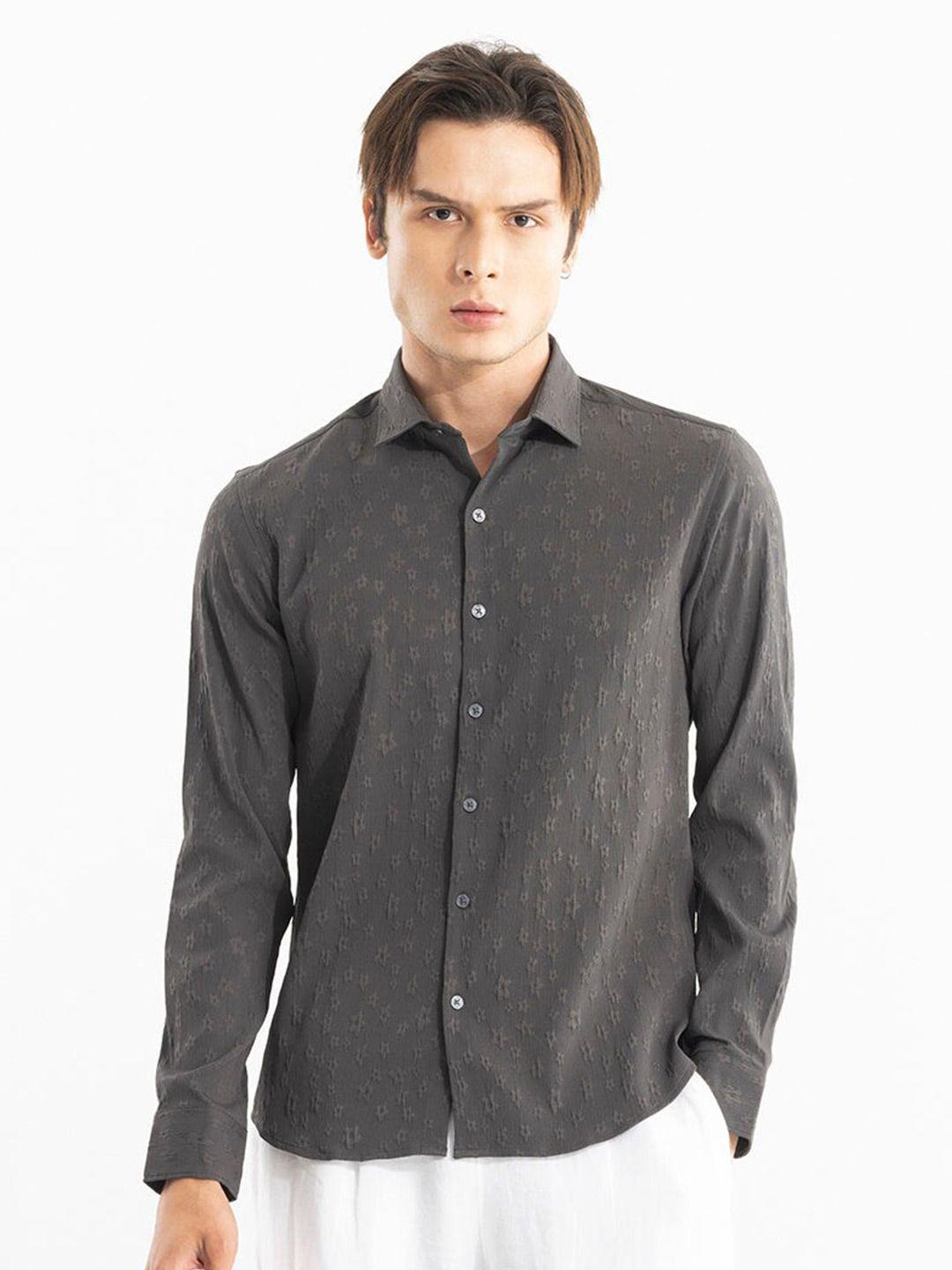 snitch grey classic textured self design spread collar casual shirt