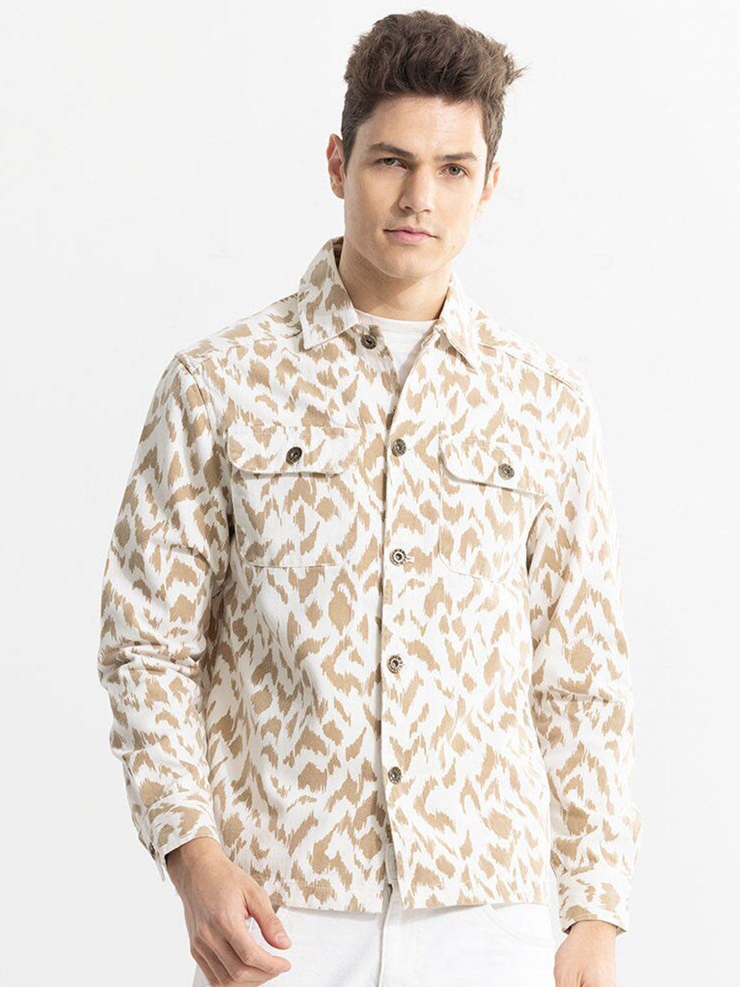 snitch khaki printed cotton classic opaque casual shirt