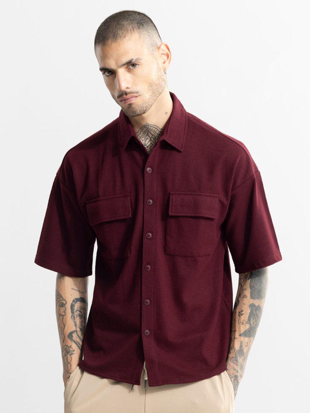 snitch maroon classic oversized fit textured drop-shoulder sleeves casual shirt