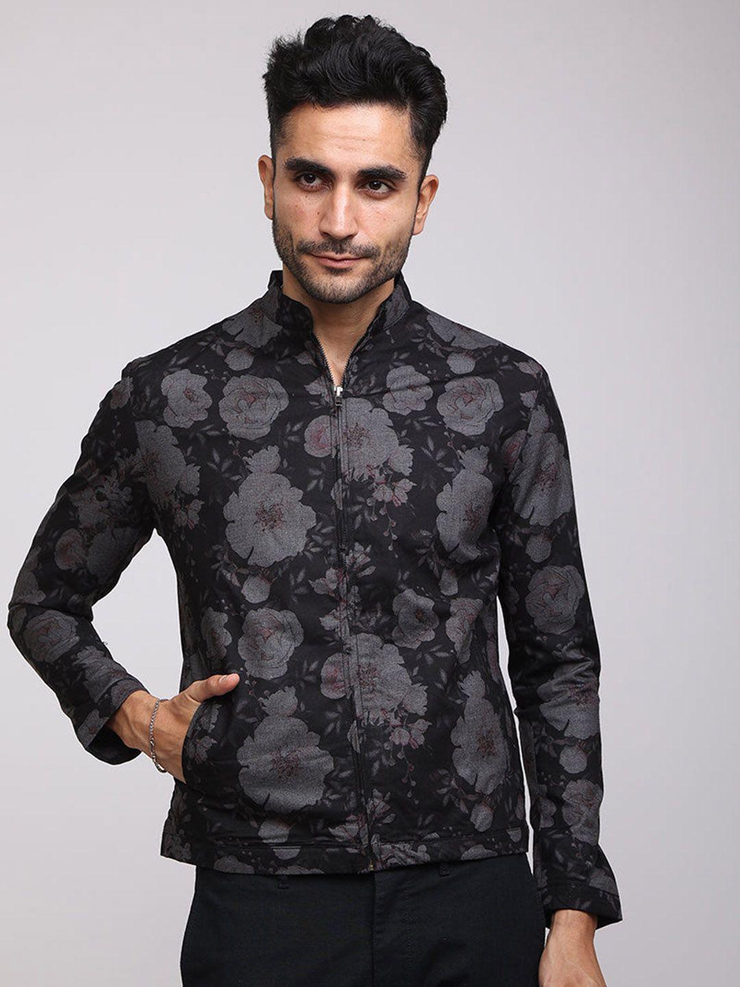 snitch men black & grey cotton floral bomber jacket