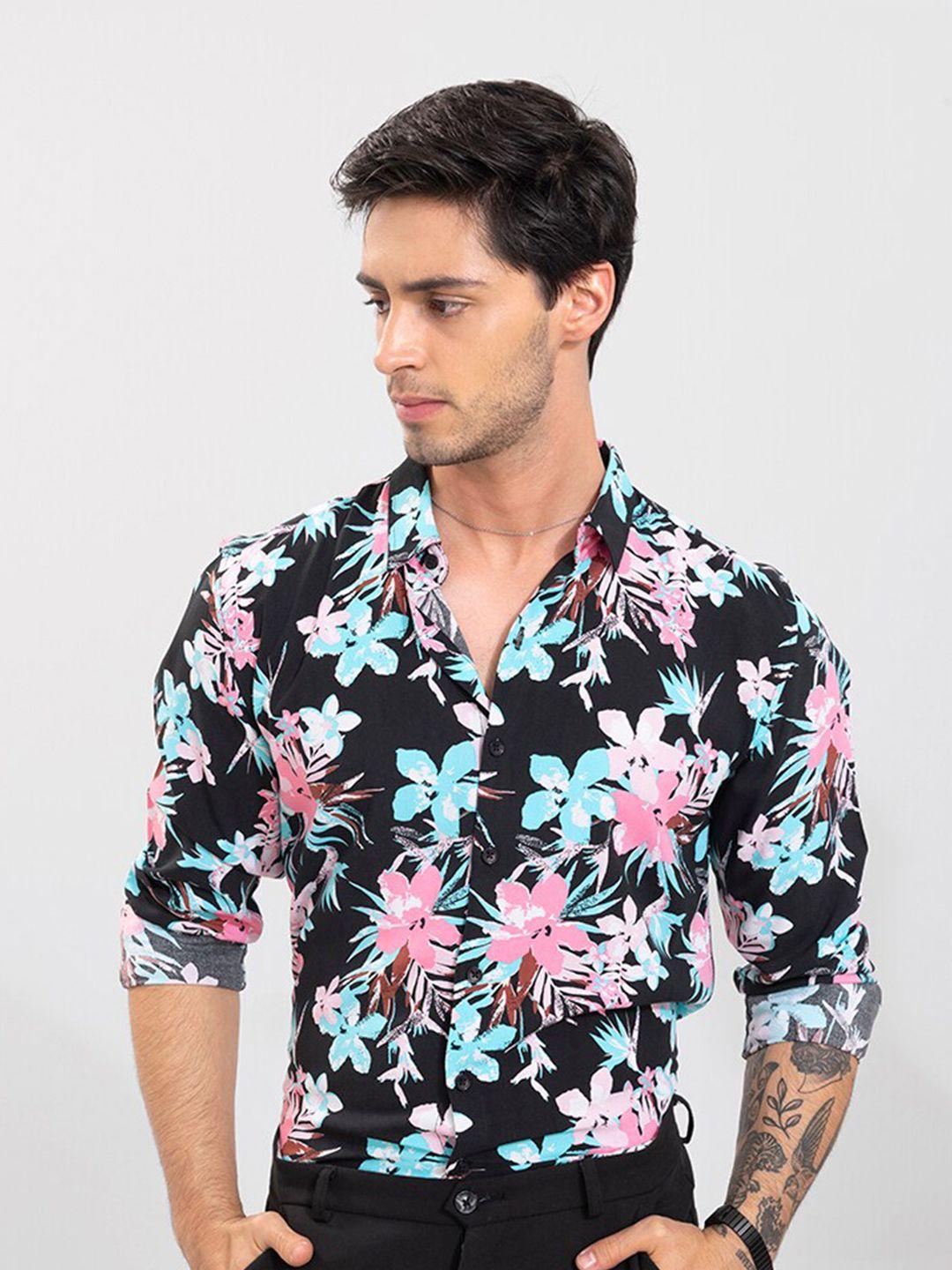 snitch men black & pink slim fit floral printed casual shirt