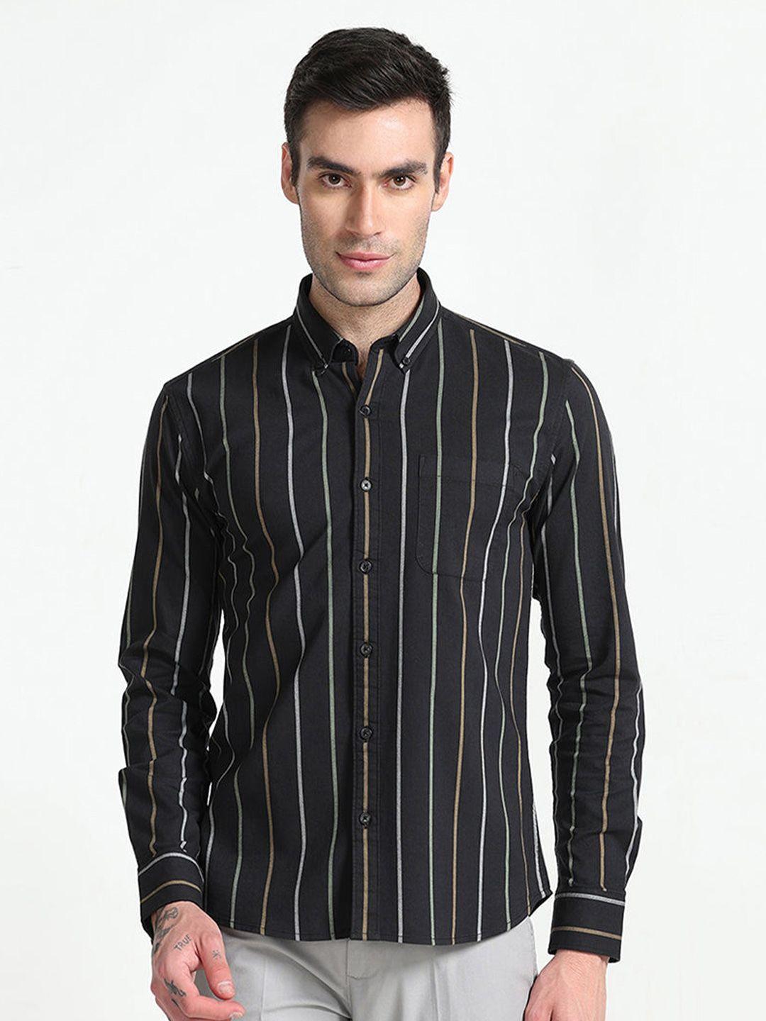 snitch men black classic slim fit opaque striped casual shirt