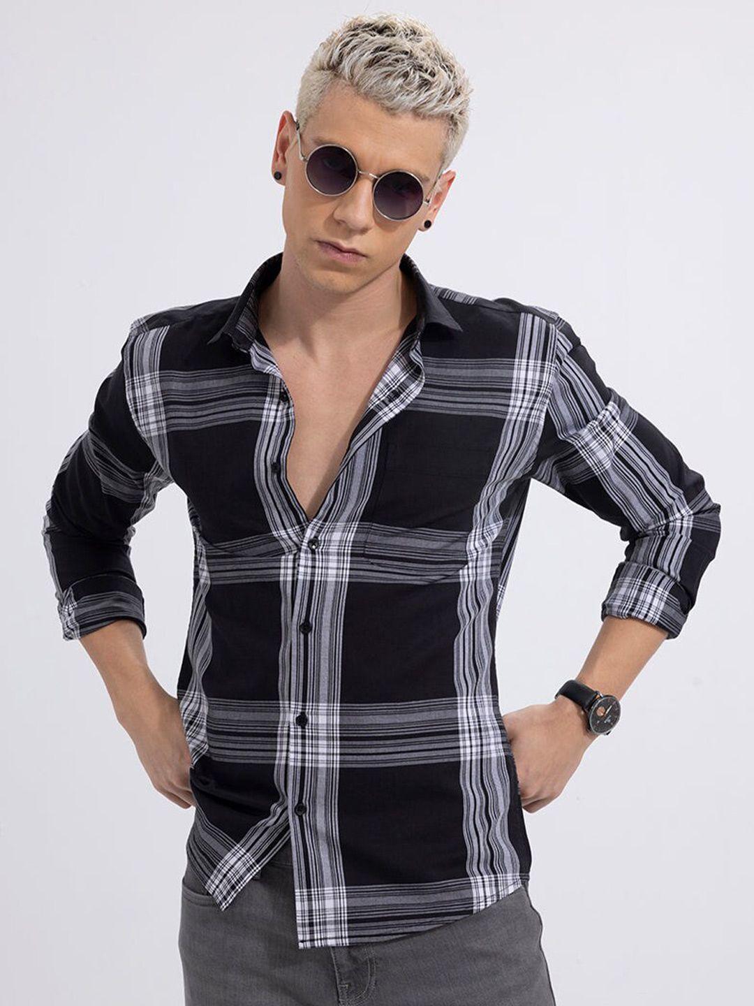 snitch men black classic slim fit tartan checks opaque checked casual shirt