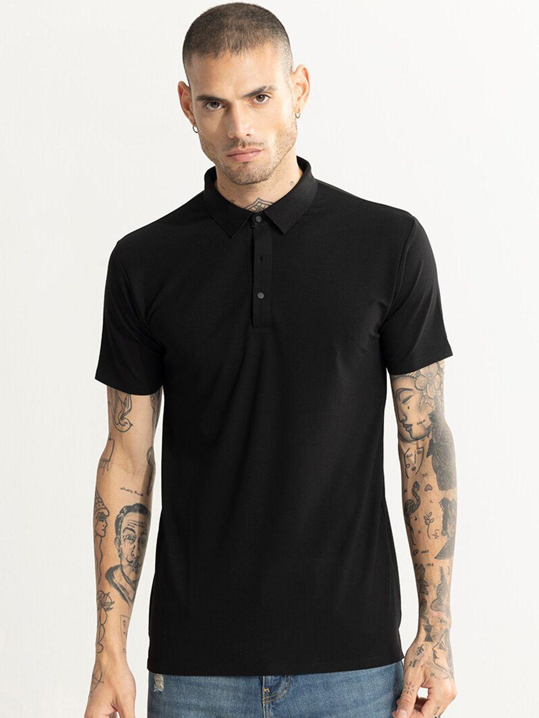 snitch men black polo collar applique t-shirt