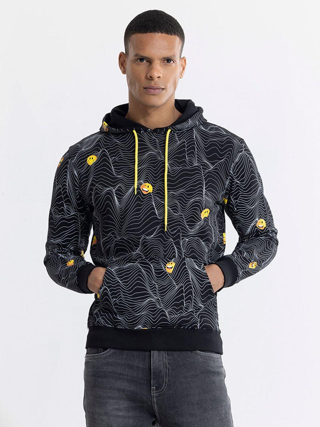 snitch men black printed cotton hooded sweatshirt