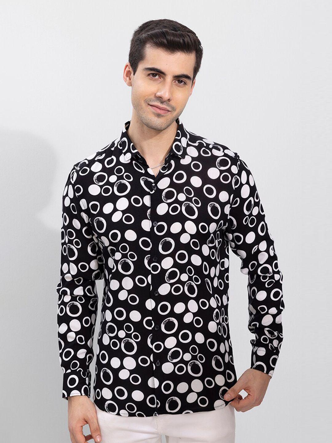 snitch men black slim fit floral opaque printed casual shirt
