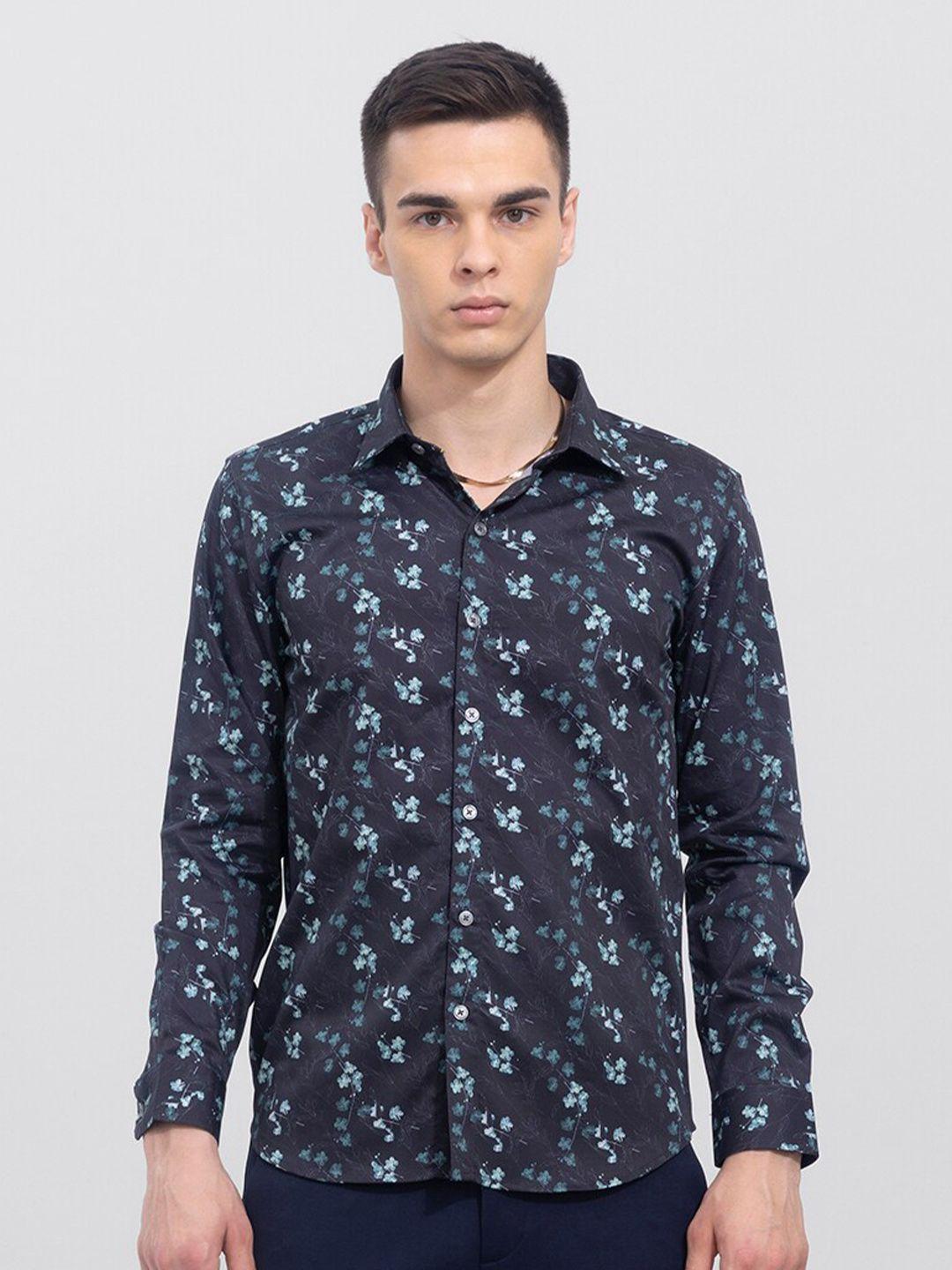 snitch men black slim fit floral printed casual cotton shirt