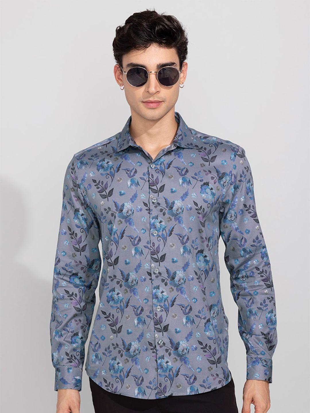 snitch men blue & grey floral printed slim fit cotton casual shirt
