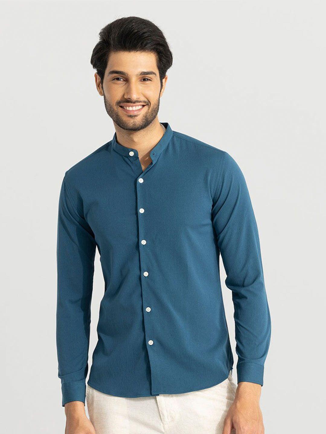 snitch men blue classic slim fit opaque printed casual shirt