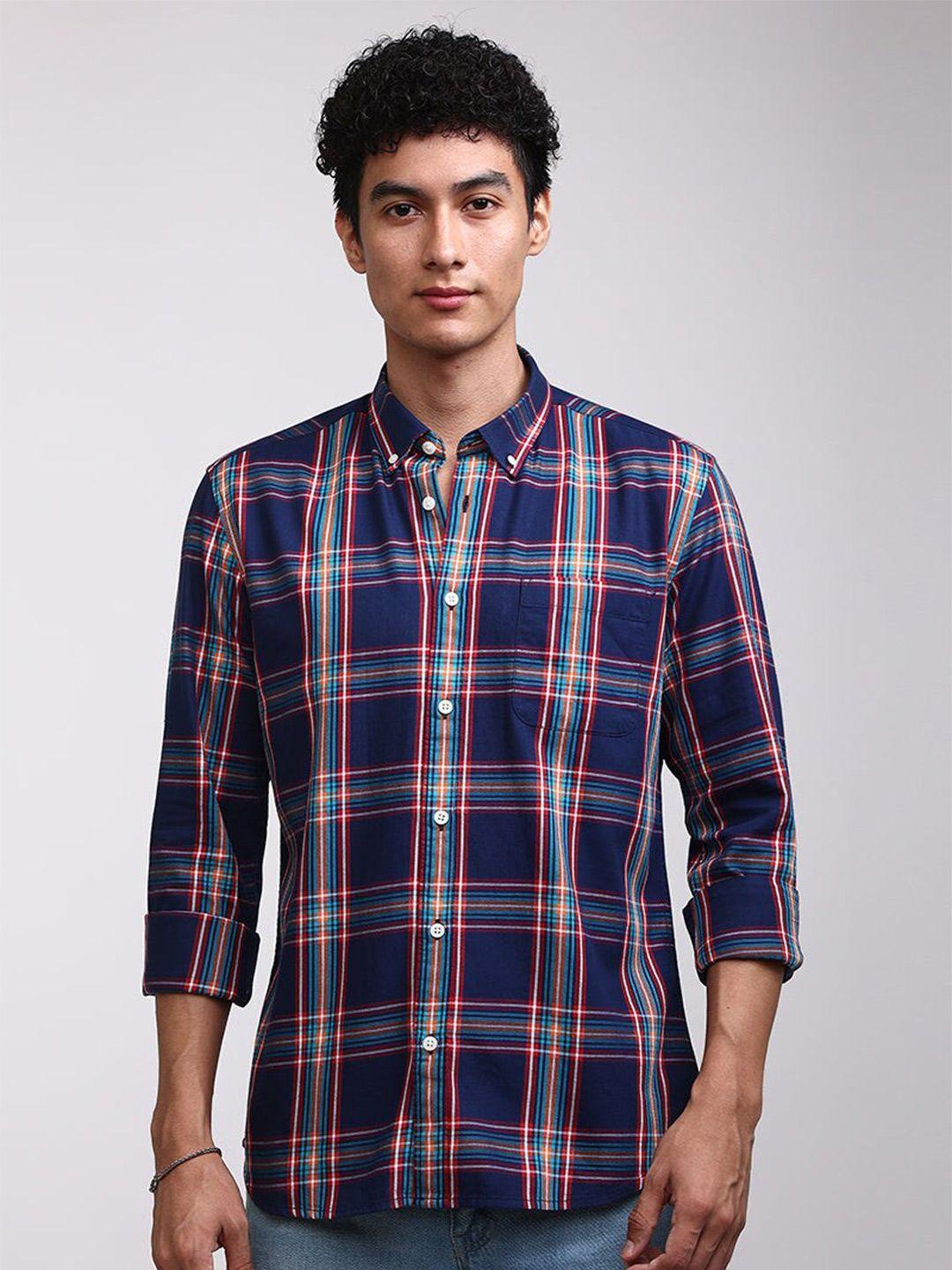 snitch men blue classic tartan checks opaque checked casual shirt