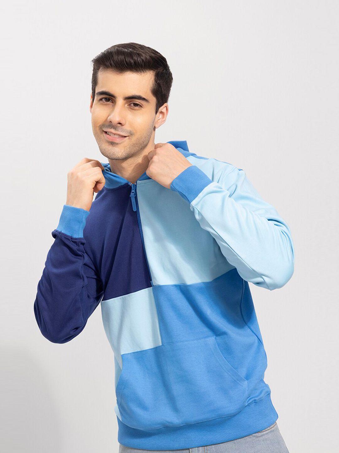 snitch men blue colourblocked hooded sweatshirt