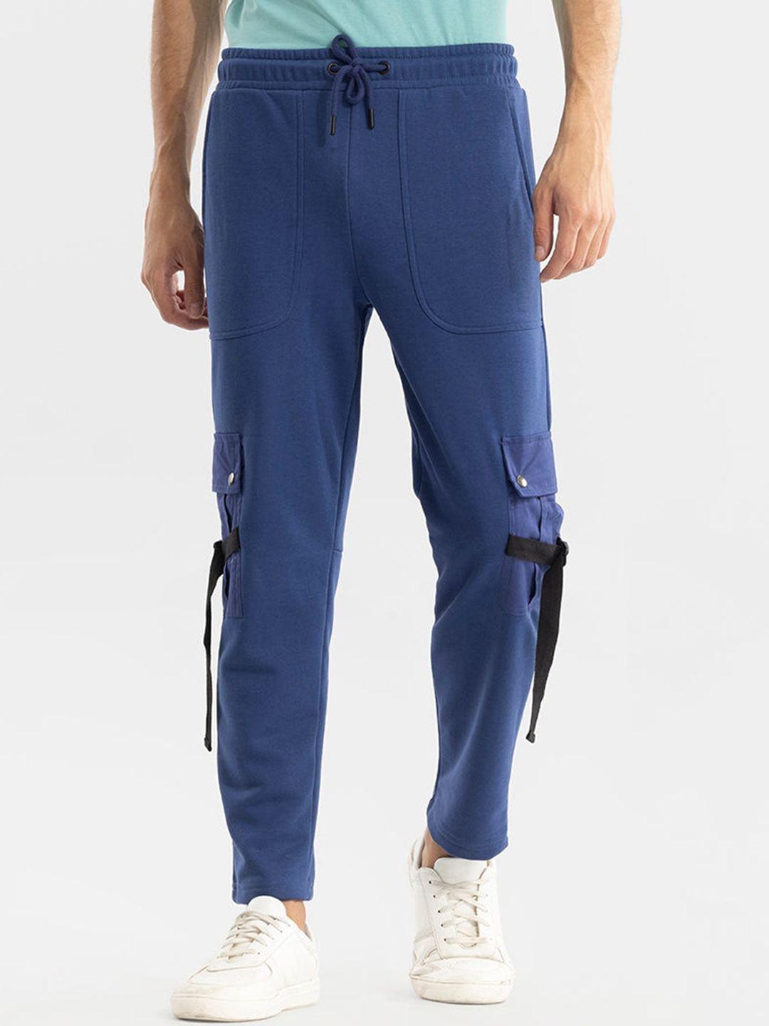 snitch men blue cotton slim-fit track pants