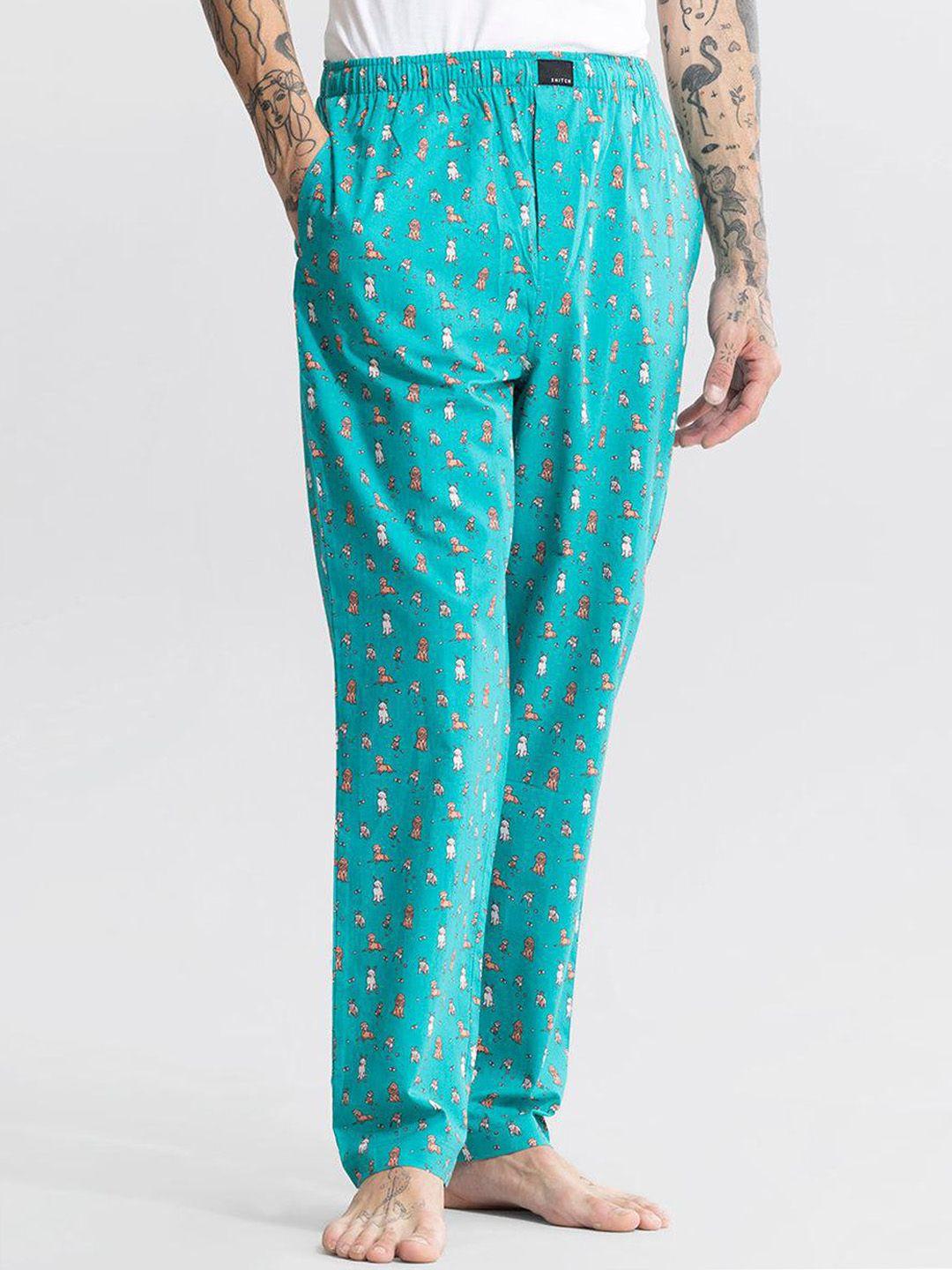 snitch men blue mid-rise printed cotton lounge pants