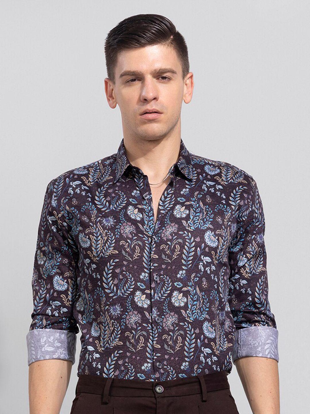 snitch men brown & blue slim fit floral printed casual shirt