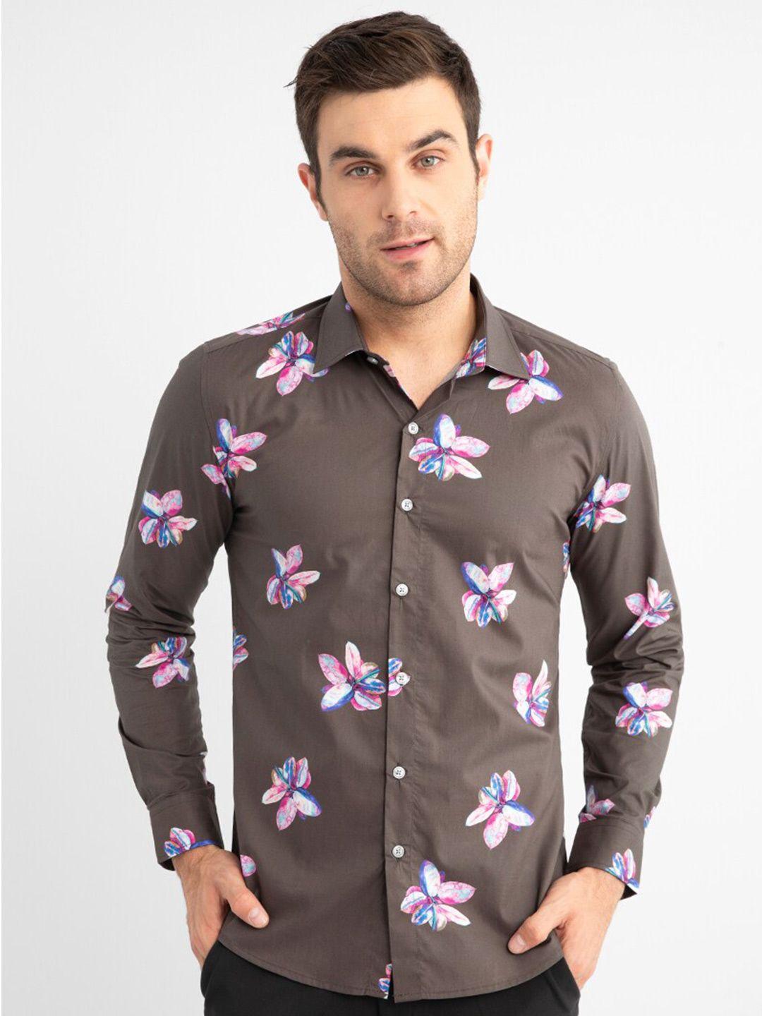 snitch men brown slim fit floral printed casual shirt