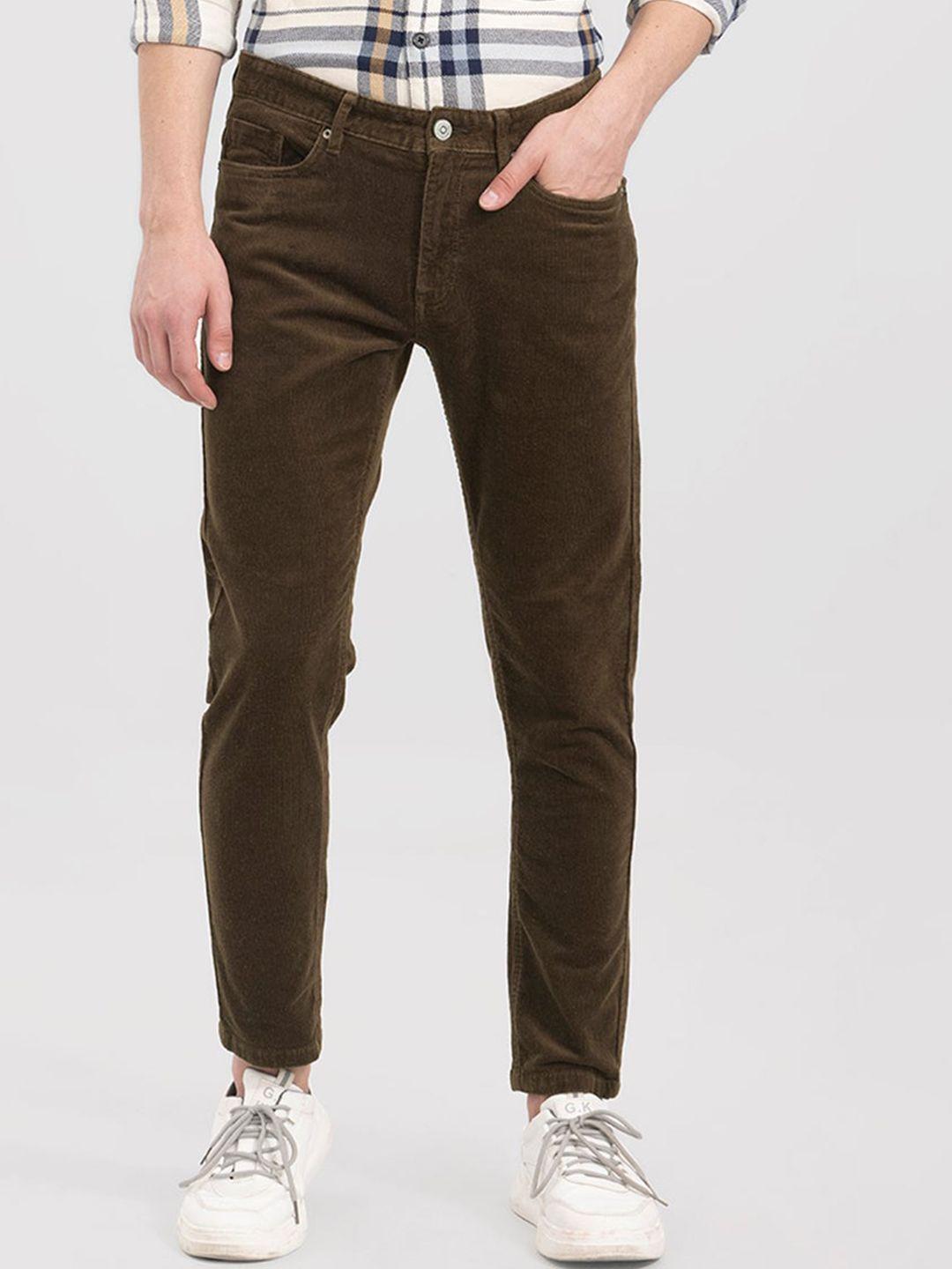 snitch men brown smart skinny fit cotton trousers