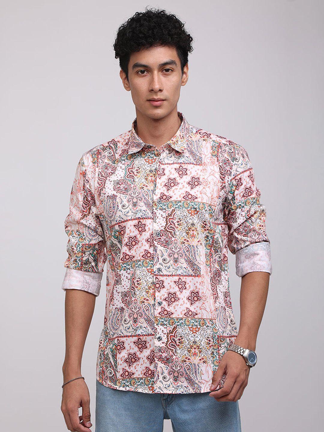 snitch men cream-coloured slim fit printed casual shirt