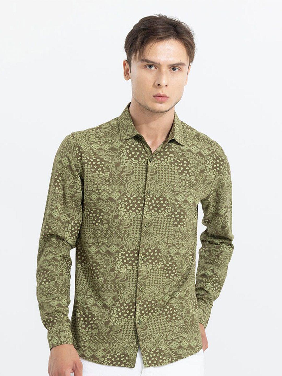 snitch men green classic slim fit opaque printed casual shirt