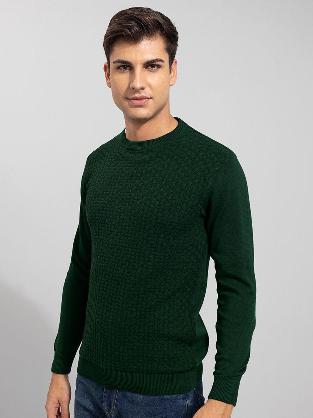 snitch men green self design cotton pullover sweater