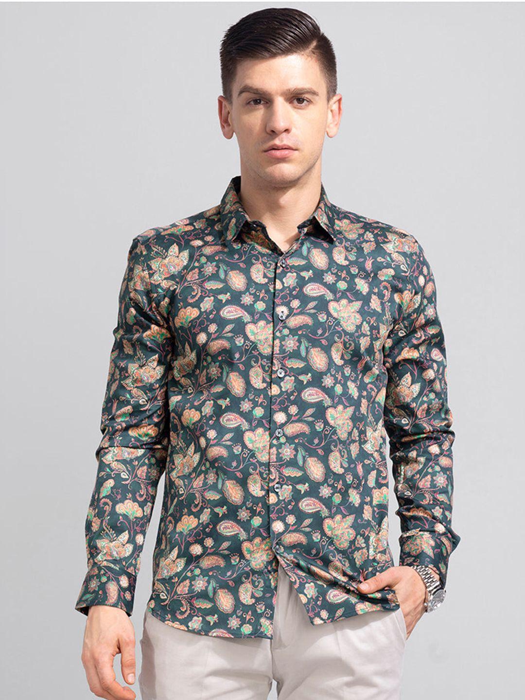 snitch men green slim fit printed casual shirt