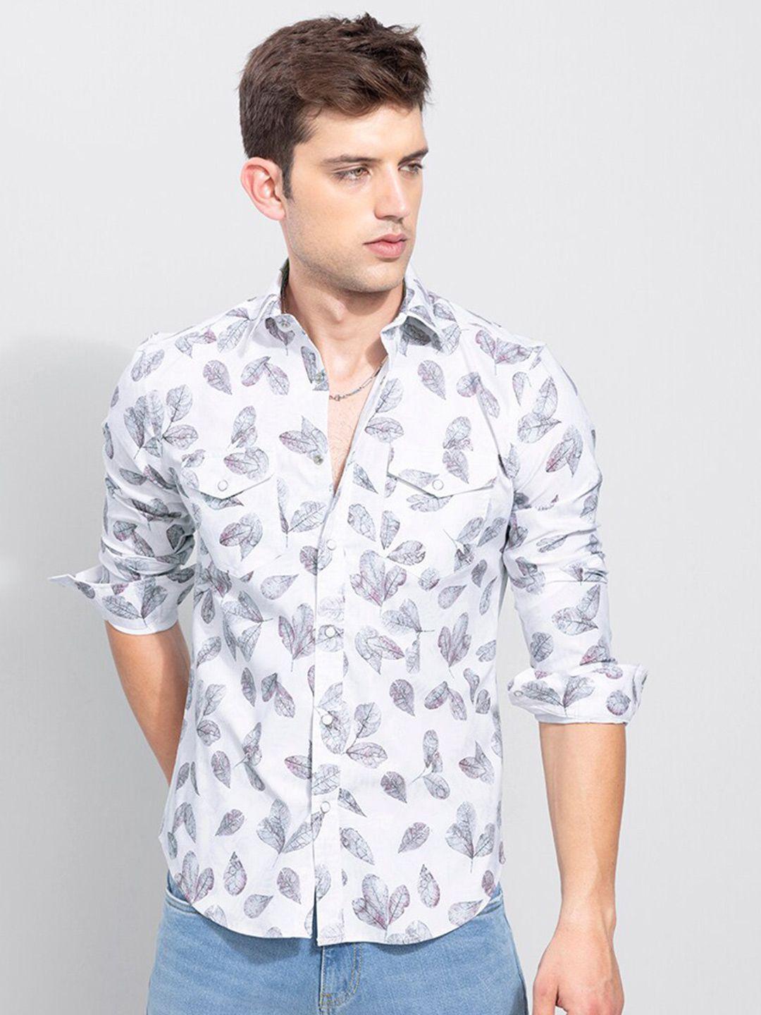 snitch men grey slim fit opaque printed casual shirt