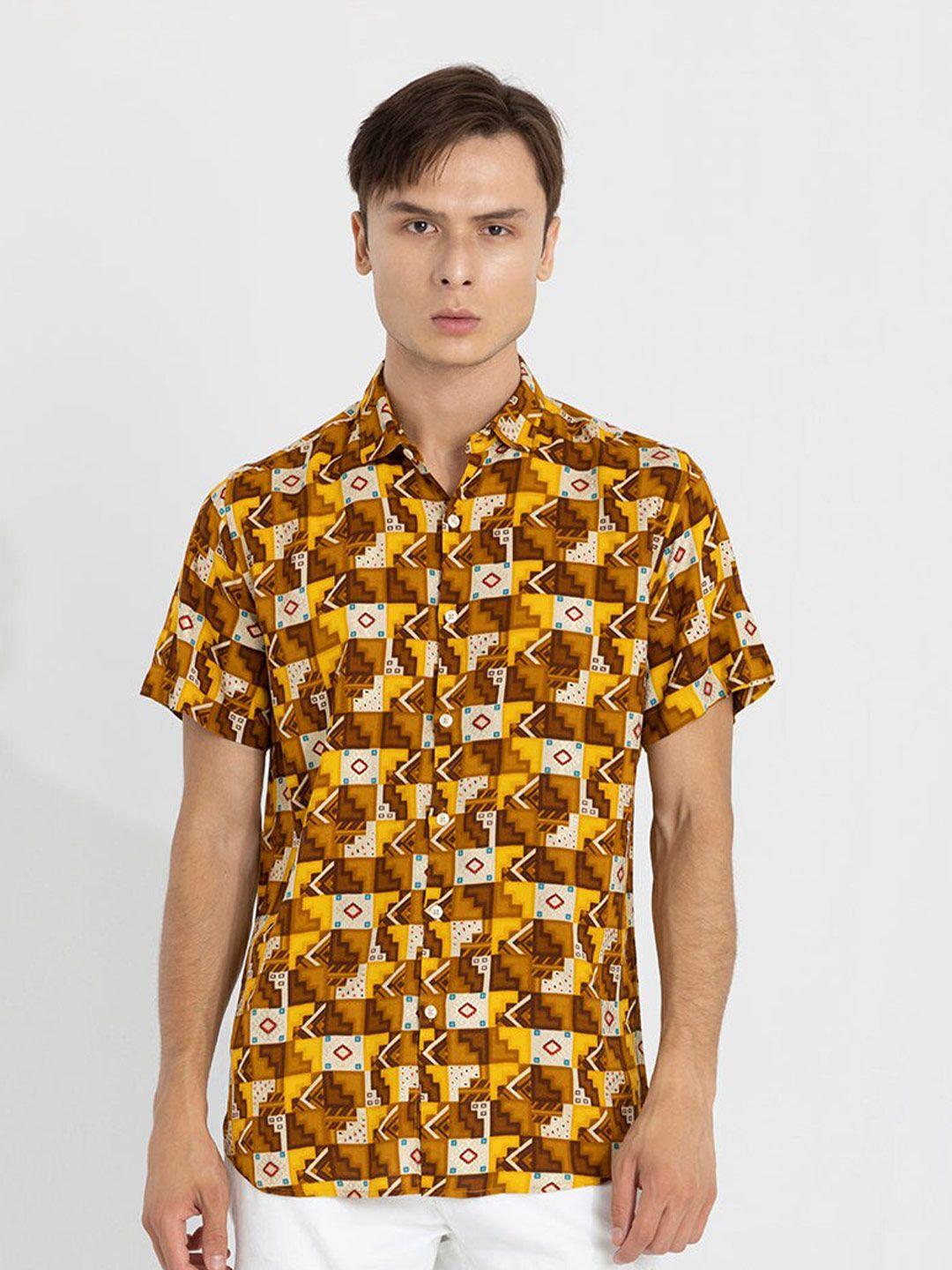 snitch men mustard classic opaque printed casual shirt