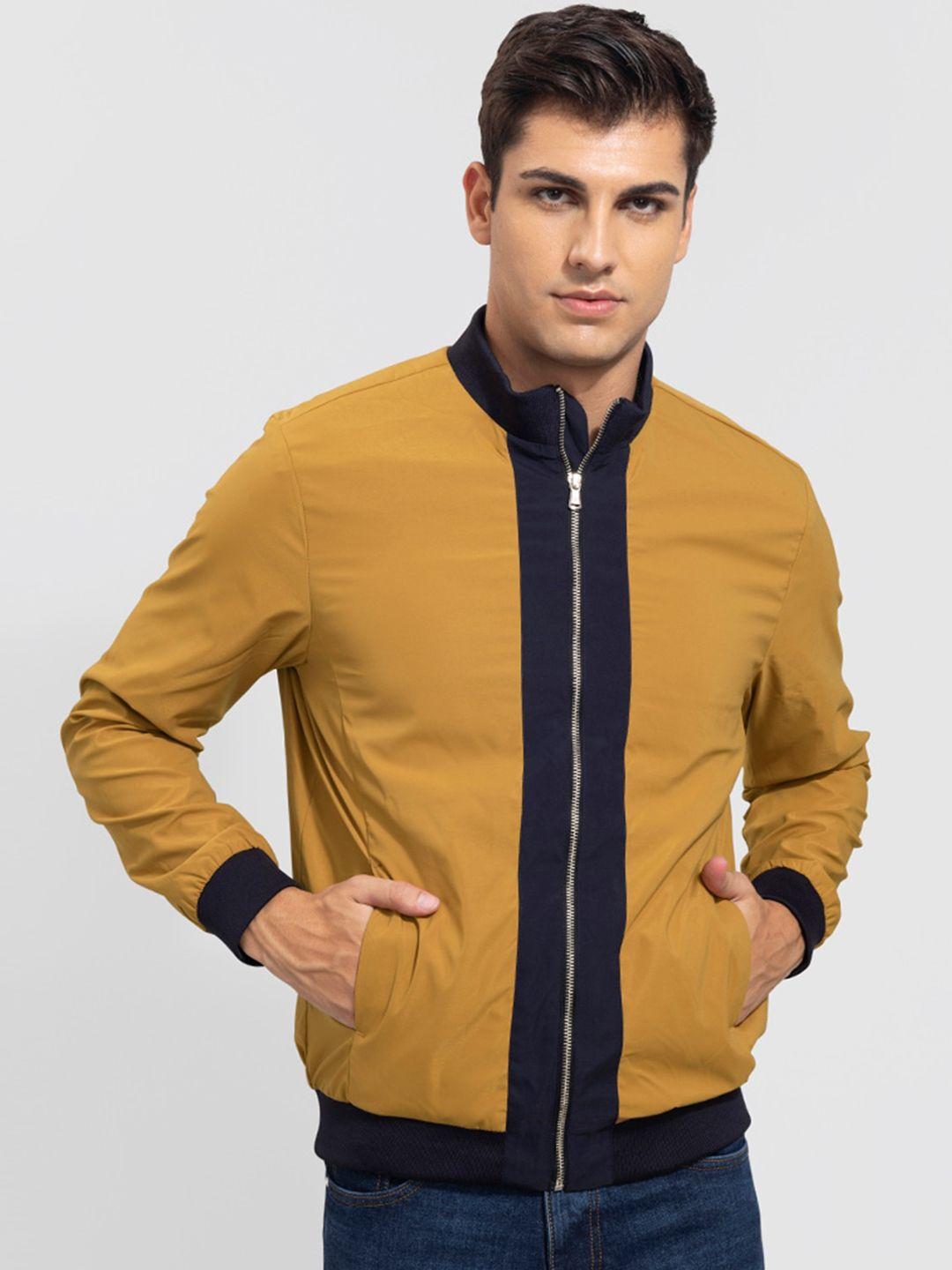 snitch men mustard navy blue colourblocked bomber jacket