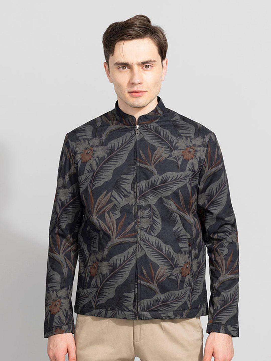 snitch men navy blue & grey cotton  floral sporty jacket