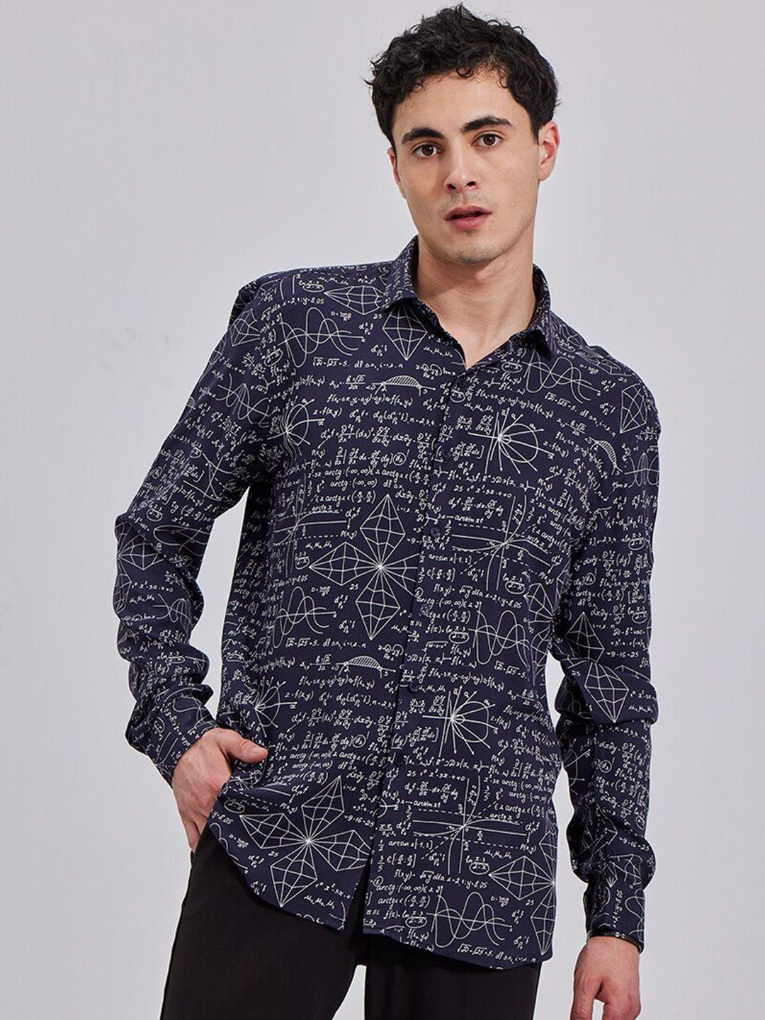 snitch men navy blue classic slim fit opaque printed casual shirt