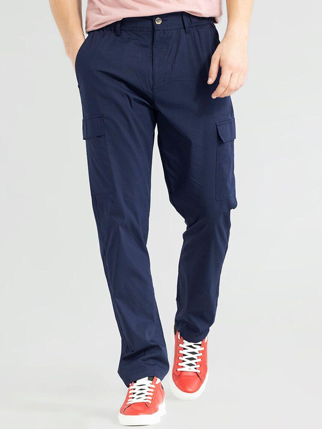 snitch men navy blue smart straight fit pleated cargos