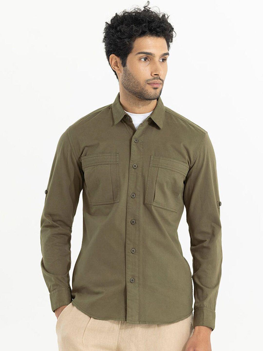 snitch men olive green classic opaque casual shirt