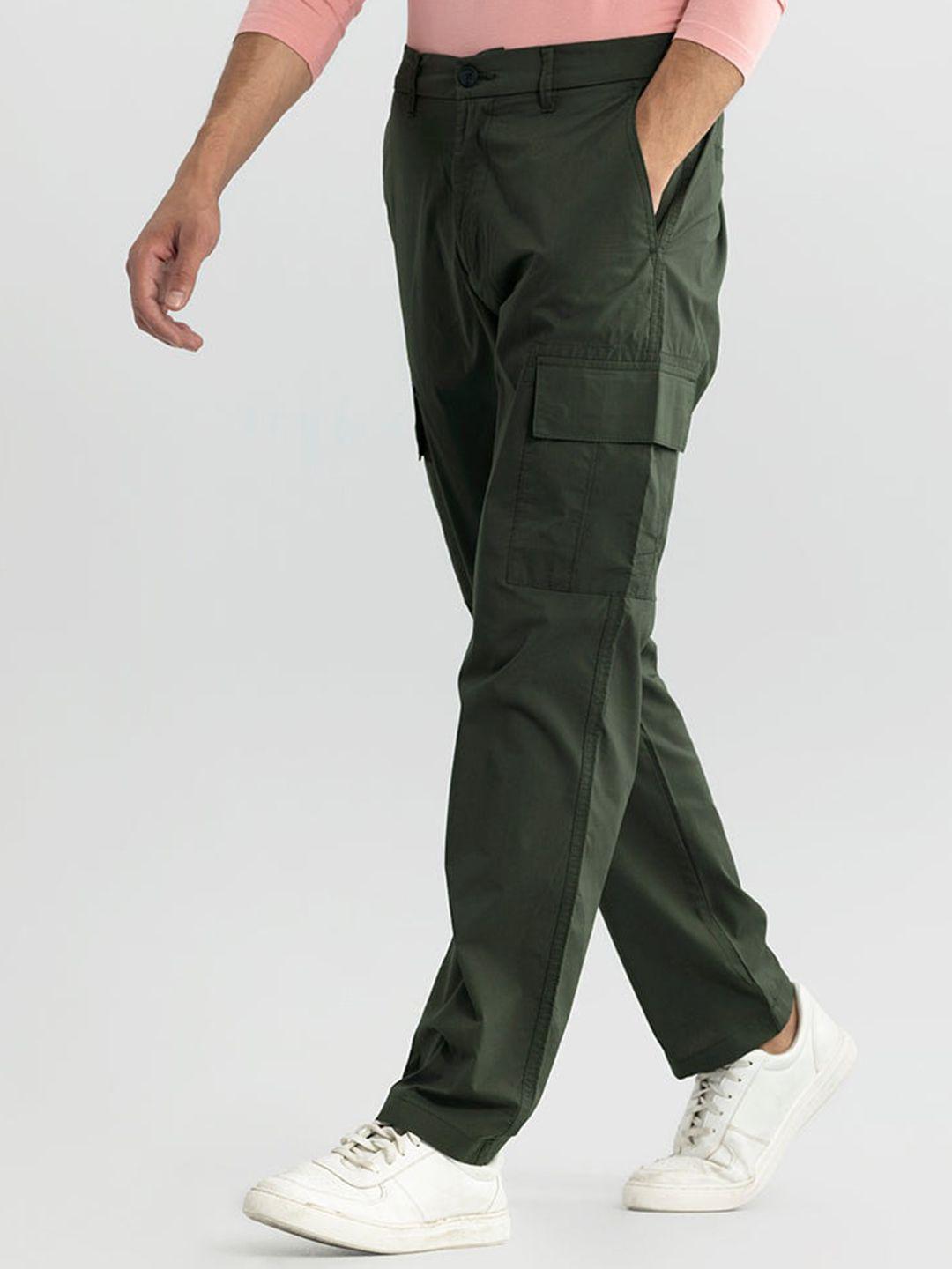 snitch men olive green smart straight fit cargos trousers