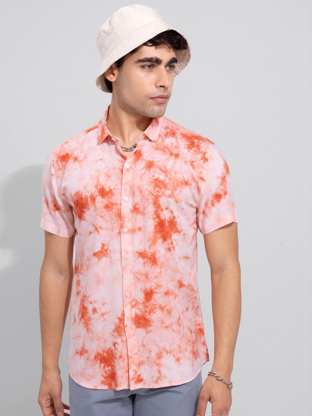 snitch men orange classic slim fit floral opaque printed casual shirt