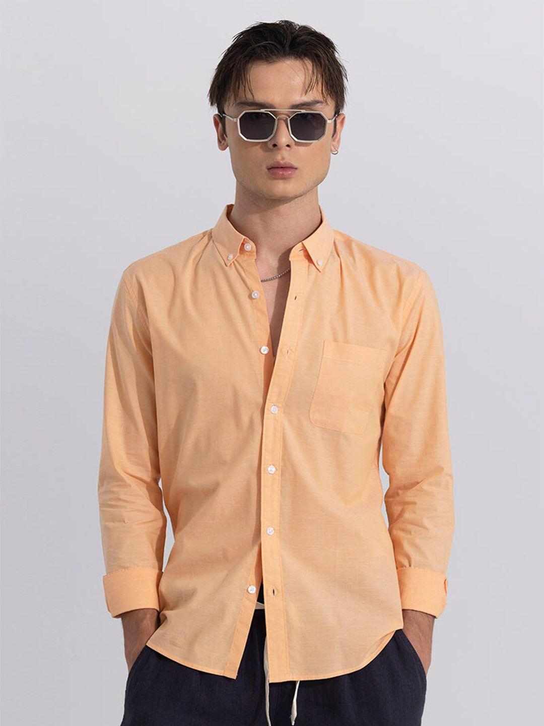 snitch men orange classic slim fit opaque casual shirt