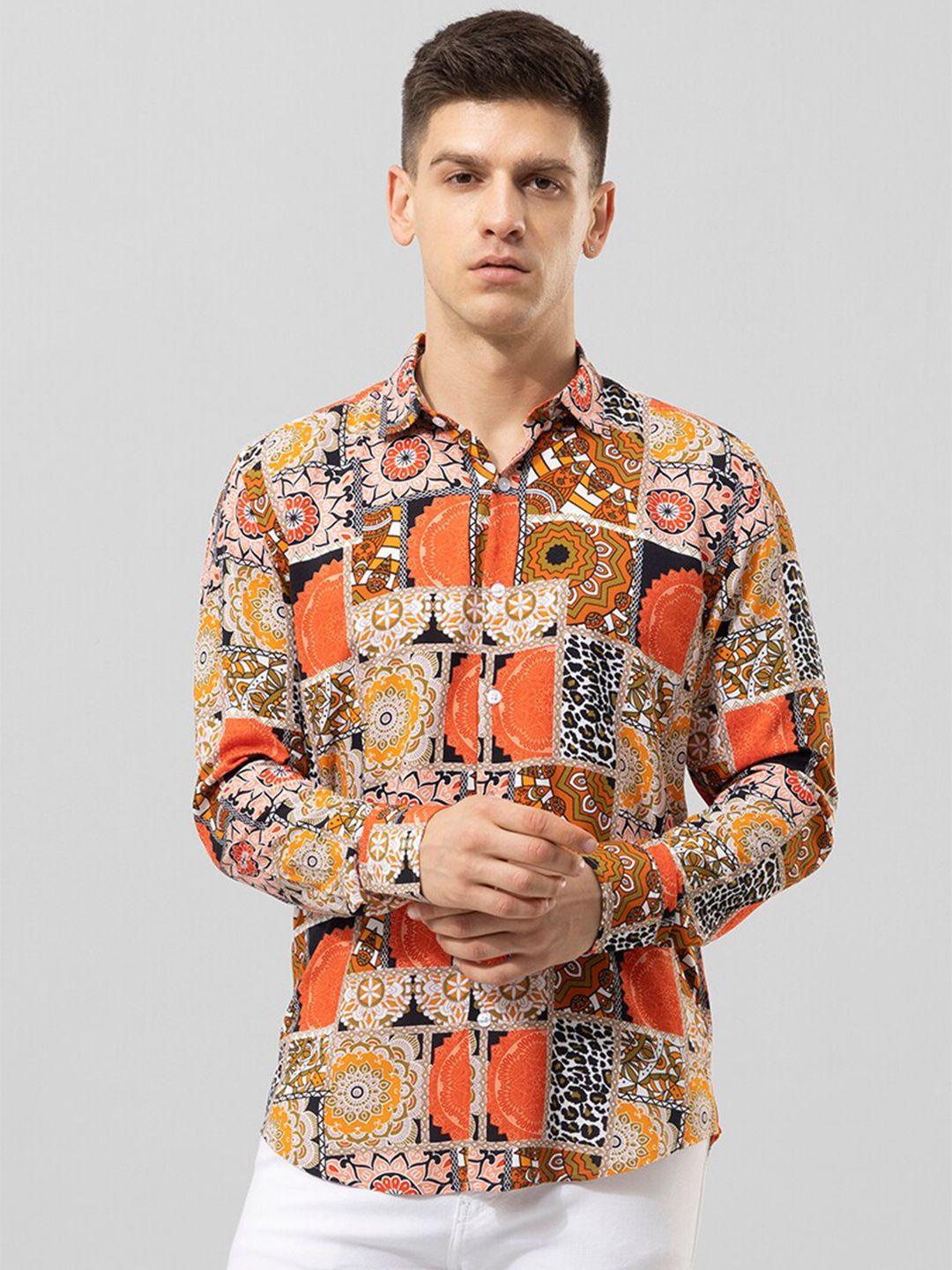 snitch men orange slim fit floral opaque printed casual shirt